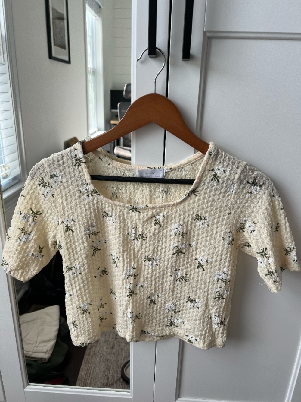 OAK + FORT Yellow Textured Floral Puckered Square Neck Crop Top M